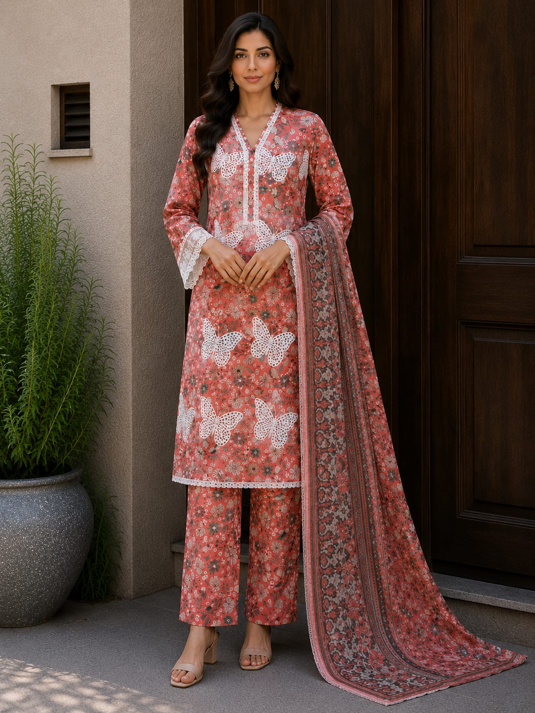 Coral Blossom Lawn 3-Piece ready to wear