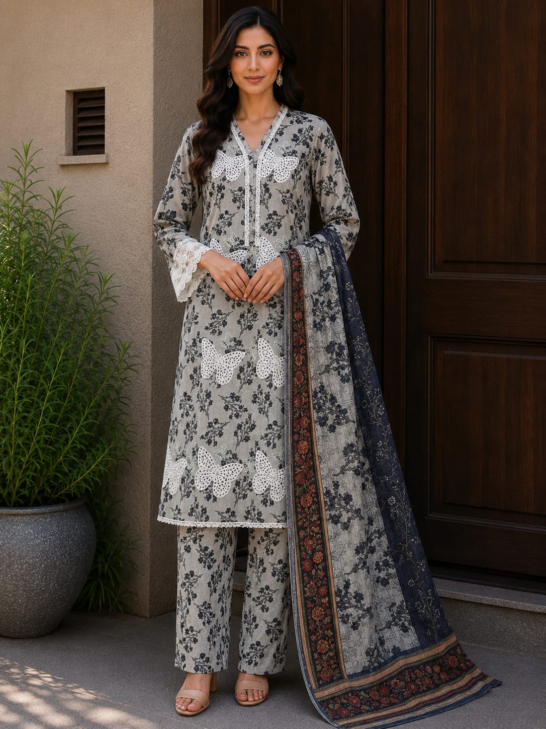 Elegant Grey Floral Lawn 3-Piece ready to wear