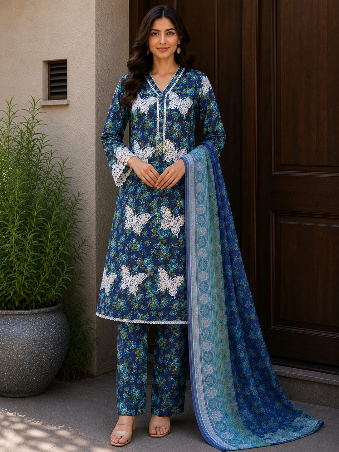 Midnight Blue Butterflies Lawn 3-Piece Ready to wear